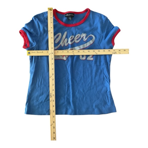 Y2K No Boundaries “Cheer Hottie 02” Tee Juniors L Blue Ringer Shirt Red Trim 100 - Picture 4 of 5